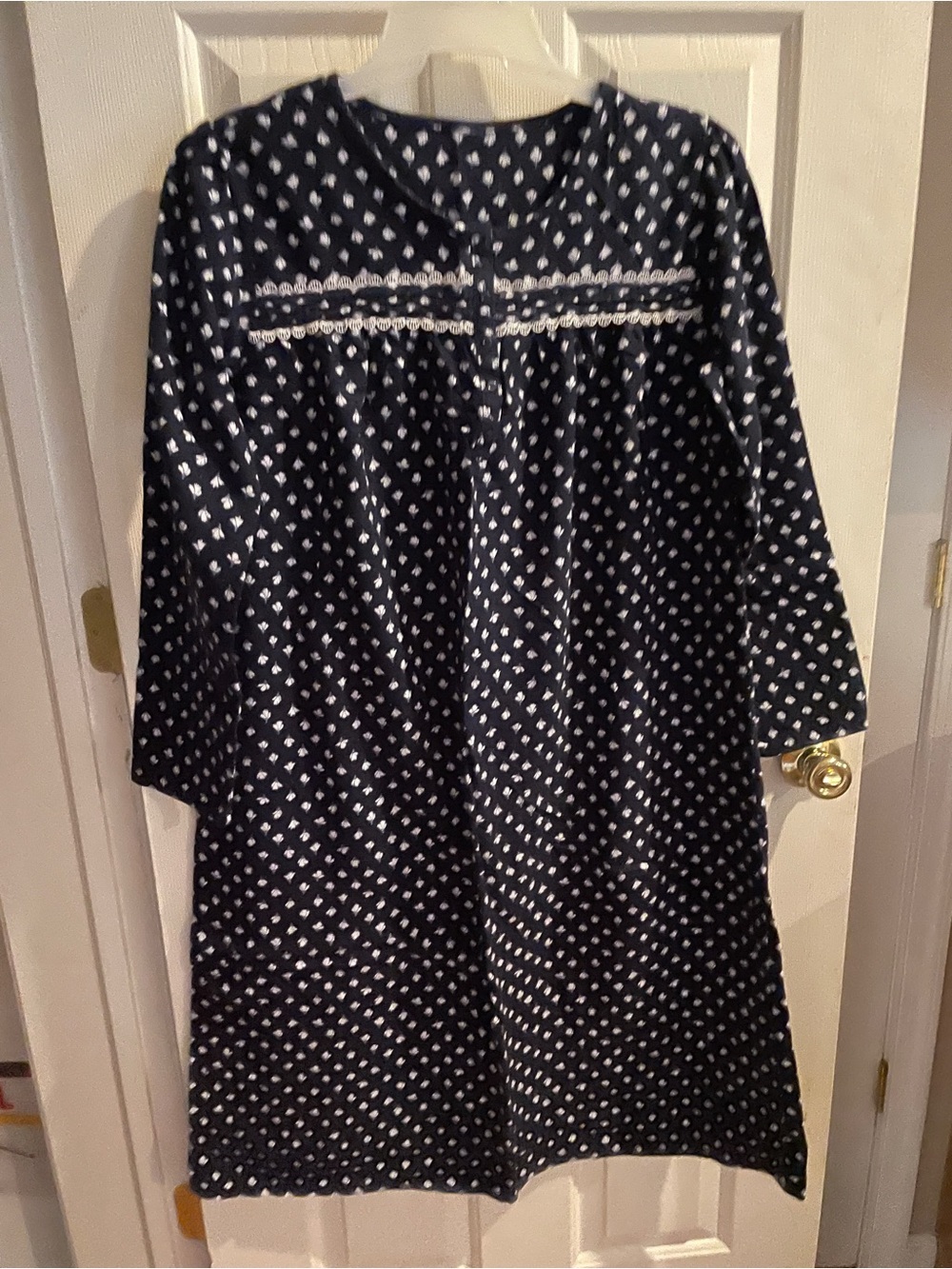 Navy Blue Polka Dot Nightgown with Lace Trim